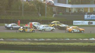 Look what happens to the leader! Super Retro rallycross cars do battle in the Lydden Hill finals