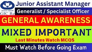 Top 50 General Awareness MCQs for GIC Re | Top 50 General Knowledge MCQs | Top 50 GK MCQs for Gic Re