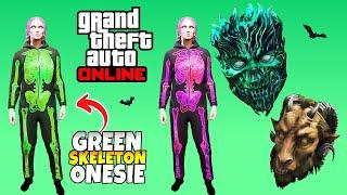 GTA 5 Online How to Unlock Green & Purple Glow Skeleton Onesie Outfit & Green Flaming Skull Mask