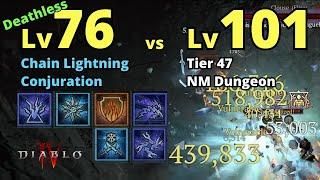 Lv76 Sorcerer Chain Lightning Conjuration 7min Deathless T47 NM Dungeon Run w/ Build - Diablo 4