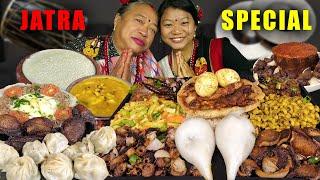 Jatra Special | Variety Of Newari Food | Eating Marinated Raw Meat, Buff Toung | Nepali Mukbang