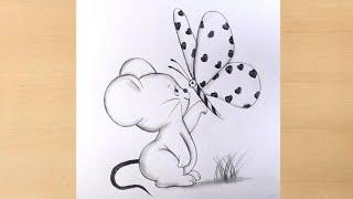 Little Mouse with big Butterfly pencildrawing || Butterflydrawing