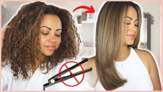 NO FLAT IRON STRAIGHT HAIR ROUTINE | SALON BLOWOUT AT HOME | HOW TO BLOW DRY CURLY HAIR STRAIGHT