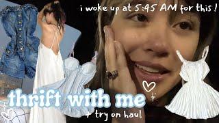 THRIFT WITH ME @ 7 AM + try on haul!! i went to a NEW thrift store?? 🫣