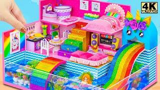 Make Aquarium Around Mini Pink House With Rainbow Unicorn Slide from Cardboard | DIY Miniature House