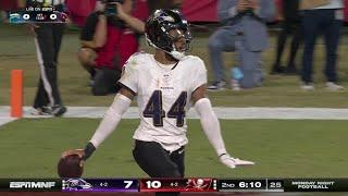 Marlon Humphrey's third INT of 2024 comes vs. Mayfield's pass into end zone