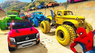 SPIDERMAN CARS Monster Trucks MEGA Ramp Challenge ! SUPERHEROES HULK Goku EPIC stunts Race - GTA V