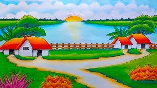 How to draw easy scenery drawing beautiful landscape village | Sunrise drawing | Village drawing