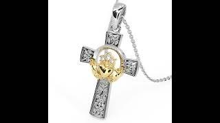 Silver & Yellow Gold Diamond Claddagh Trinity Knot Celtic Cross Necklace - Glencara.com