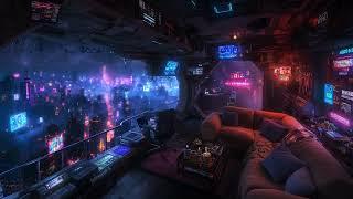  Chill Cybernetic Terrace: Rain and Ambient Music | Cyberpunk Bedroom over the City | 4K | 10 hours