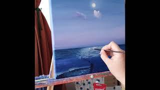 Moonlit beach painting process acrylic on canvas