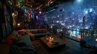  Cozy Balcony over the Radiant City: Rain and Ambient Music with Distant Saxophone | 4K | 10 hours