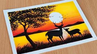 Easy poster Colour drawing and painting। Sunset silhouette with poster colour