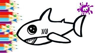 How to draw a shark. Cartoon coloring book for kids. Learn to draw 