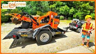 Grinding stump and using toy chainsaw, forestry logging trucks. Educational stump grinder | Kid Crew