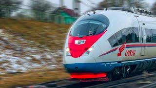 Railway High-Speed Bullet Trains ​​Sapsan at full speed/Высокоскоростной поезд Сапсан летит 250 км/ч