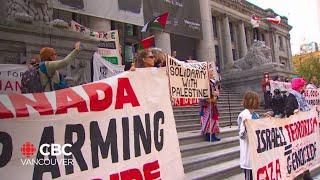 Pro-Palestinian protesters at Vancouver Art Gallery call for end to year of violence