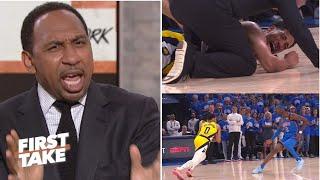 FIRST TAKE | Stephen A. reacts to Haliburton's Achilles injury as Thunder beat Pacers to win title