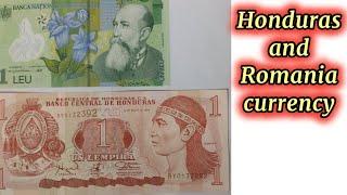 Romania Currency 1 leu and Honduras 1 lempira banknote