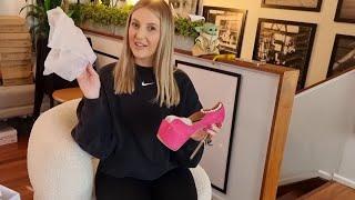 Catie Unboxes Hot Pink 7 Inch Open Toe High Heel Platform Shoes With Pearl Ankle Bracelet