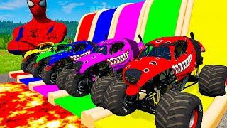 5 MONSTER TRUCK VS GIANT COLOR WATER SLIDE #184