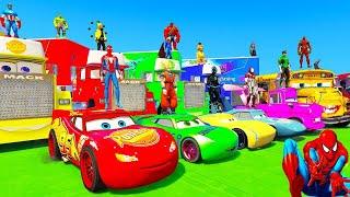 SPIDERMAN McQueen Friends GODZILLA RAMP Challenge ! SUPERHEROES HULK Disney Cars MACK TRUCK  - GTA V