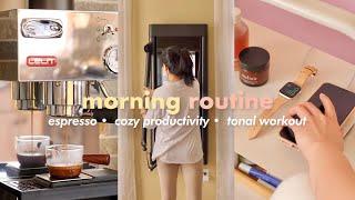 My Cozy Morning Routine 2022 | Espresso Making, Tonal Workout, Selfcare, Productivity, Cozy Gaming