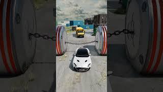 Sports Cars & School Bus vs Chained Hydraulic Crush - BeamNG.drive