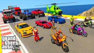 SPIDERMAN CARS Racing Challenge on MULTI Rampa ! SUPERHERO HULK Goku Motos BIKE JET SKI Race - GTA 5