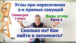 Углы при пересечении двух прямых секущей (третьей прямой). Виды углов урок 5. Геометрия 7 класс.