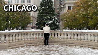 Chicago Christmas Snowfall Walk  Wet Snow Fall on Thursday | November 21, 2024 | 4k Video