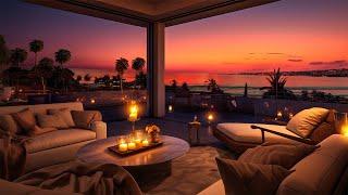 Coastal Night Jazz Ambience in Cozy Porch with Fireplace. Relaxing Ocean Waves for Sweet Experience