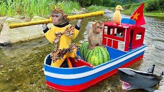 Farmer Bim Bim takes baby monkey Obi and duckling to go fishing  Videos Compilation!