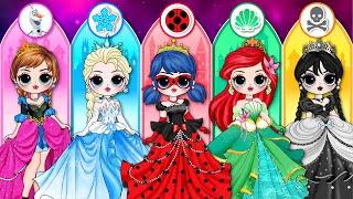 Frozen Elsa, Anna, Wednesday & Ladybug Become Princess | DIY Paper Dolls Fashion