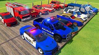 TRANSPORTING CARS, AMBULANCE, POLICE CARS, FIRE TRUCK OF COLORS! WITH TRUCKS! - FS 22