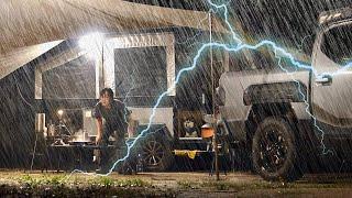 $40,000 NEW TRUCK + $9,900 AUTOMATIC TENT CAMPER  CAMPING IN THE HEAVY RAIN
