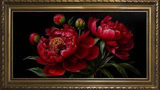 Scarlet Peony Flowers Still Life Painting, Moody Realistic Decor | Framed TV Art