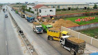 Great Job !! The Best Team Dump Trucks 5Ton Unloading Soil Open New Project With KOMATSU Bulldozer