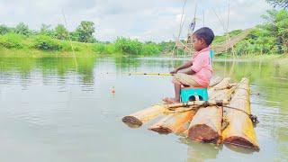 Hook Fishing - Little Boy Catching Big Fish By Hook In Village River - Fish king Bd