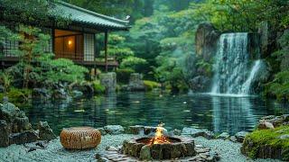 Backyard Zen Gargen Ambience | Relaxing with Campfire and Waterfall Sound, Bird Singing 