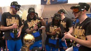Alex Caruso had to teach OKC how to pop champagne after winning Championship 