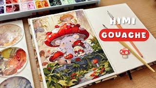 Cute mushroom painting with himi jelly gouache / 112 colors / paint with me  / unboxing washi tapes