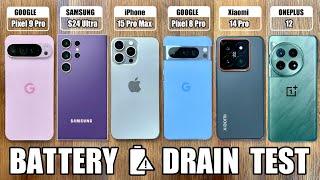 Pixel 9 Pro XL vs iPhone 15 Pro Max / S24 Ultra / Xiaomi 14 Pro / OnePlus 12 - BATTERY DRAIN TEST