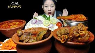 ASMR EATING SPICY HANDI MUTTON CURRY, HANDI CHICKEN LIVER CURRY, HANDI MUTTON FAT CURRY, FISH CURRY