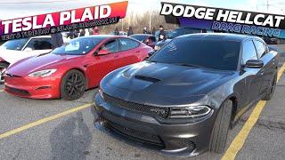 Tesla Plaid vs Dodge Hellcat Charger Drag Race @ Island dragway