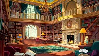 1949's cozy library with oldies playing in another room to relax, study (crackling fire) 