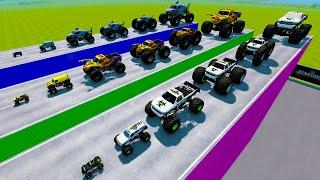 BeamNG Big & Small Monster Trucks Racing and Jumping Through Giant Portal