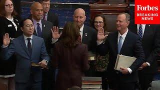 BREAKING: VP Harris Holds Senate Swearing-In Ceremony For Adam Schiff, Andy Kim And Pete Ricketts