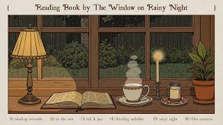 reading book on night, gazing the rain fall outside the window