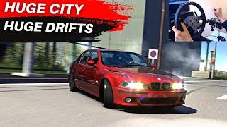 Drifting BMW E39 M5 in Huge City Area - Assetto Corsa Steering Wheel Gameplay